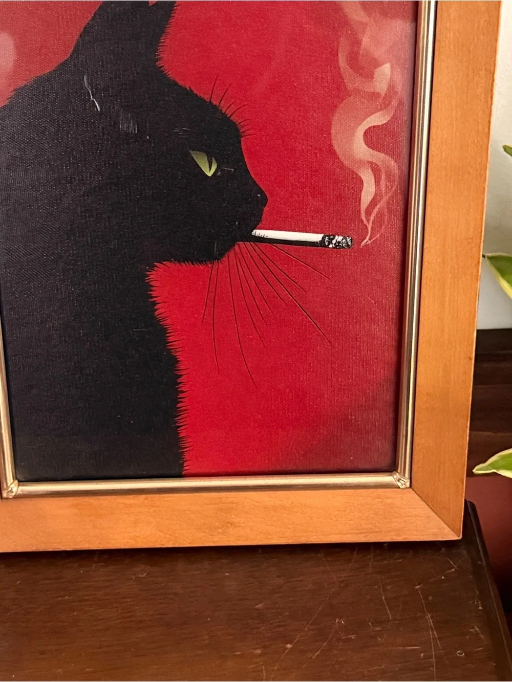 Black Cat Smoking a Cigarette Red Canvas Vintage Wood Framed Wall Hanging Art